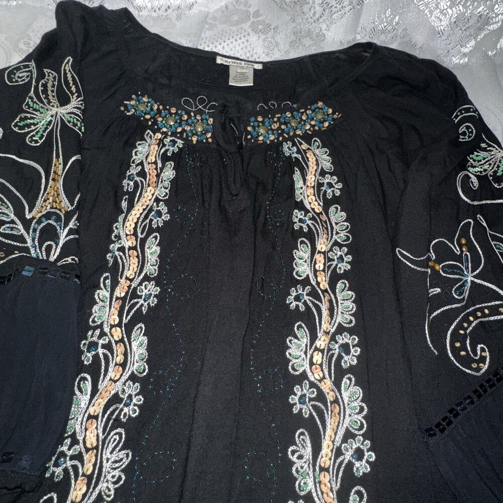 Krista Lee Sz XS Black Floral Embroidered Beaded Bell Dress /Top